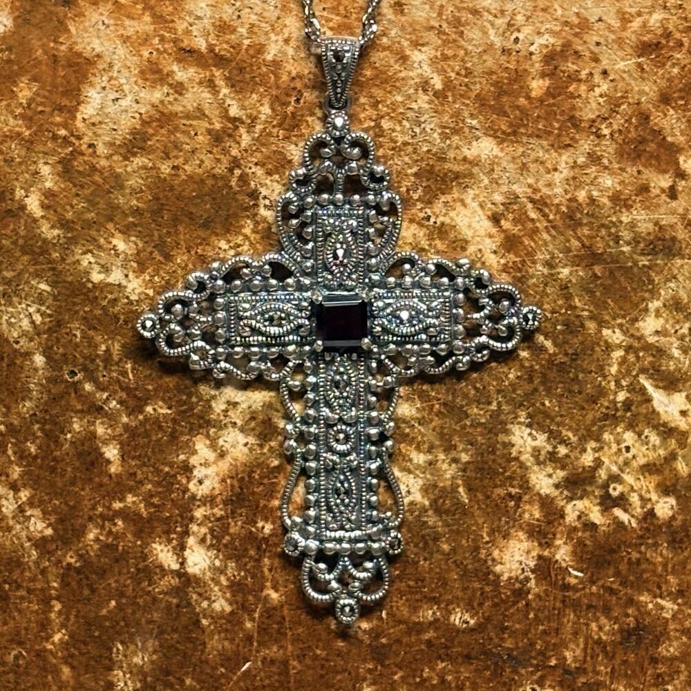 Sterling Silver, Garnet and Marcasite Cross Pendant Necklace 18 Inches